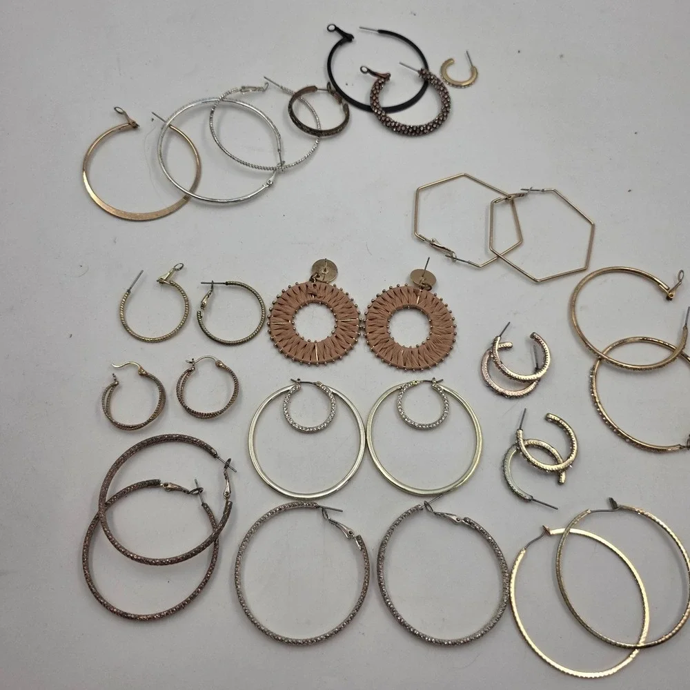 Hoop Earring Lot 12 Pairs Gold Silver Rose Gold Rhinestone Geometric Woven Set